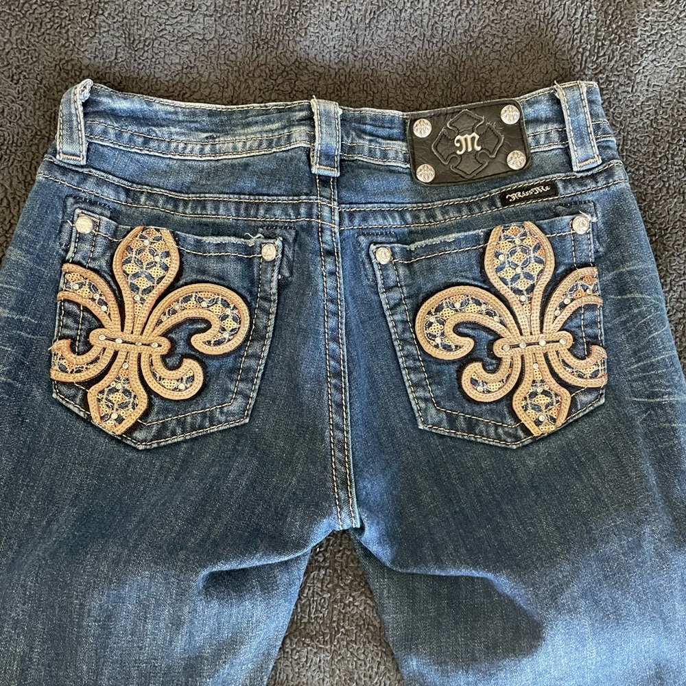 Miss Me Dark Blue Bootcut Jeans with Gold Fleur-de-Lis Pockets